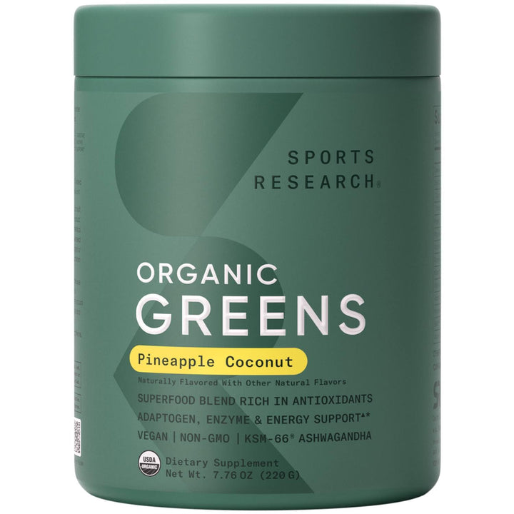 Sports Research® Organic Greens Superfood Powder w/Spirulina & Chlorella, Adaptogens, Enzymes, Probiotics & 8 VIT Bs for Gut & Mood Support* - Vegan, Sugar-Free & Low-Cal Pineapple Coconut 20