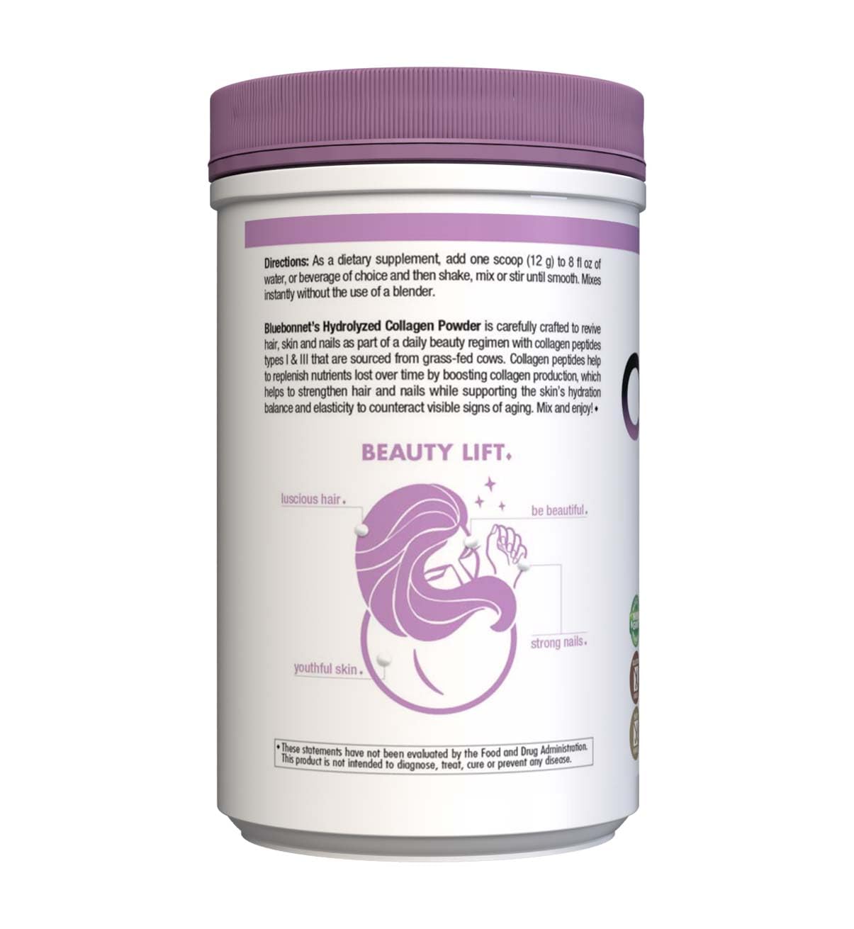 BlueBonnet Nutrition Hydrolyzed Collagen Powder, Supports Hair, Skin, and Nails*, Soy-Free, Gluten-Free, Non-GMO, Grass-fed Cows, Pasture Raised, 10.58 oz, 25 Servings, Unflavored, Unsweetened