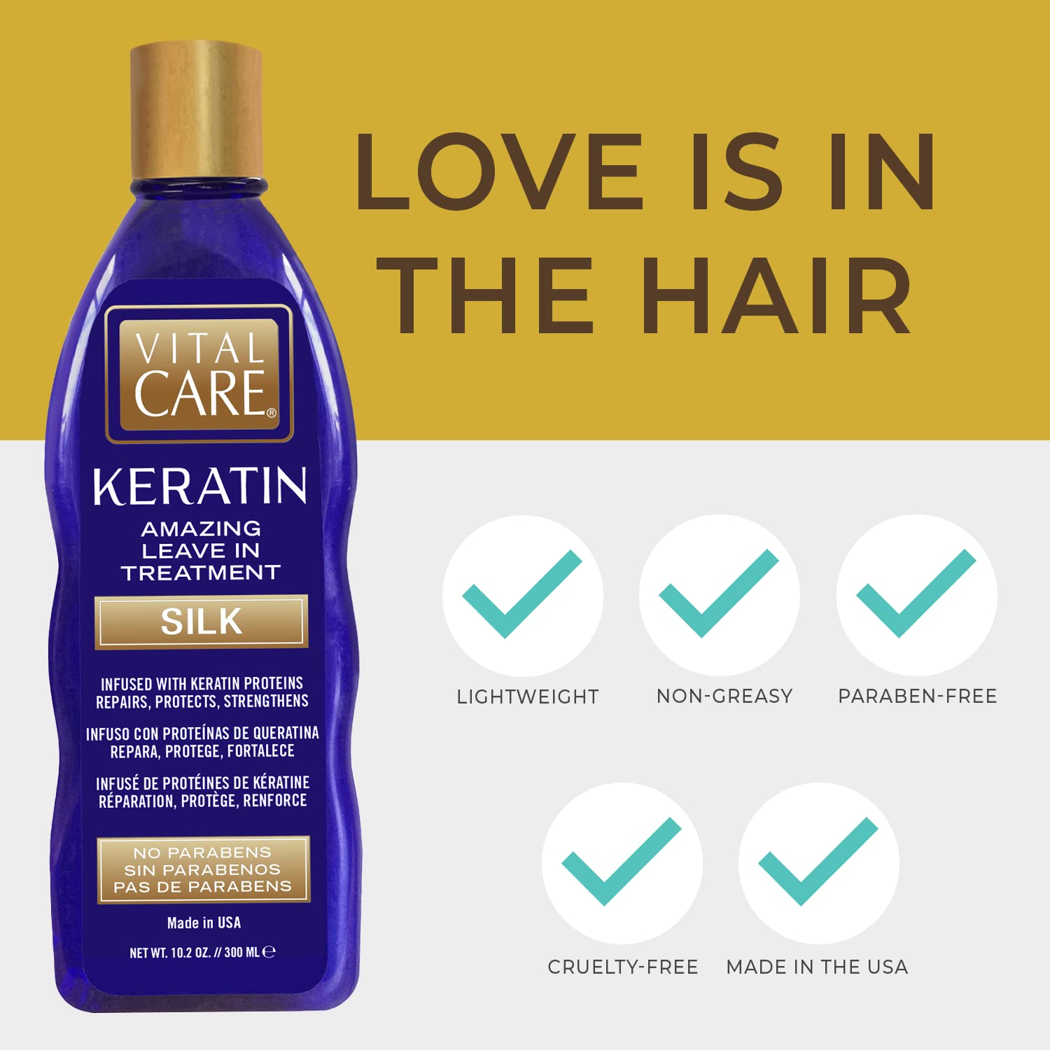 Vital Care Keratin Amazing Leave-In Treatment Silk - Gentle Keratin Complex Hair Treatment is Non-Stripping for Daily Use, Hydrating & Repairing - Abyssinian, Avocado & Sunflower Seed Oil