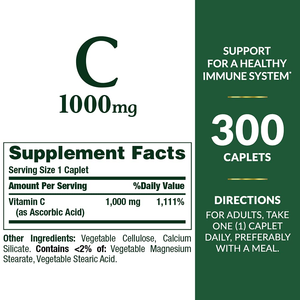 Nature's Bounty Vitamin C 1000mg, Supports Immune and Antioxidant Health, Vitamin C Supplement, 1 Per Day, 300 Vegetarian Caplets