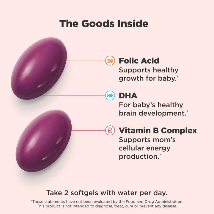 OLLY Ultra Strength Prenatal Multivitamin Softgels, Supports Healthy Growth, Brain Development, Iron, Folic Acid, DHA, Vitamins C, E, 30 Day Supply-60 Count