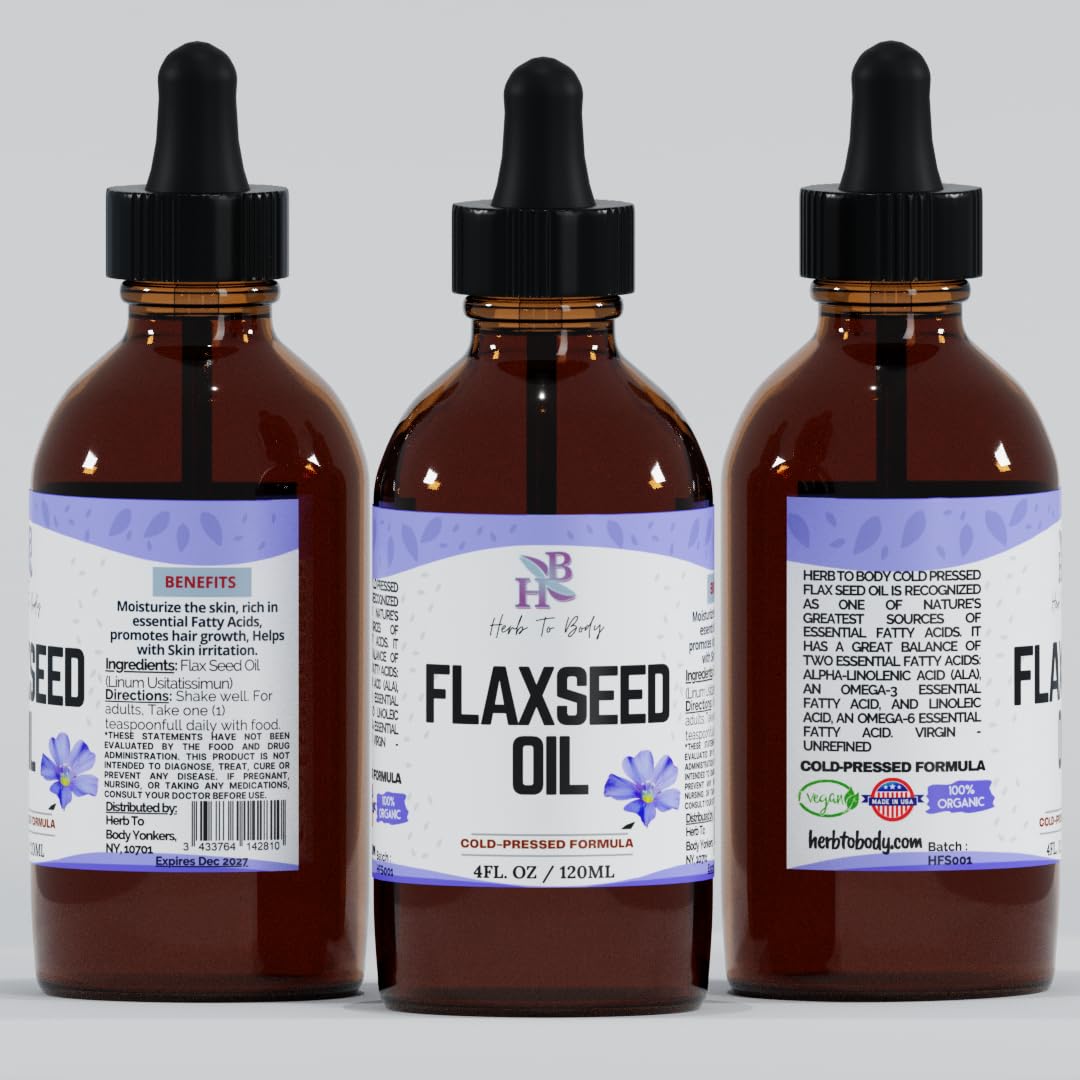 Herb To Body Organic FlaxSeed Oil 4oz - Cold Pressed Formula - Great to Promote Hair Growth - Rich in essential Fatty Acids - Skin Moisturizer