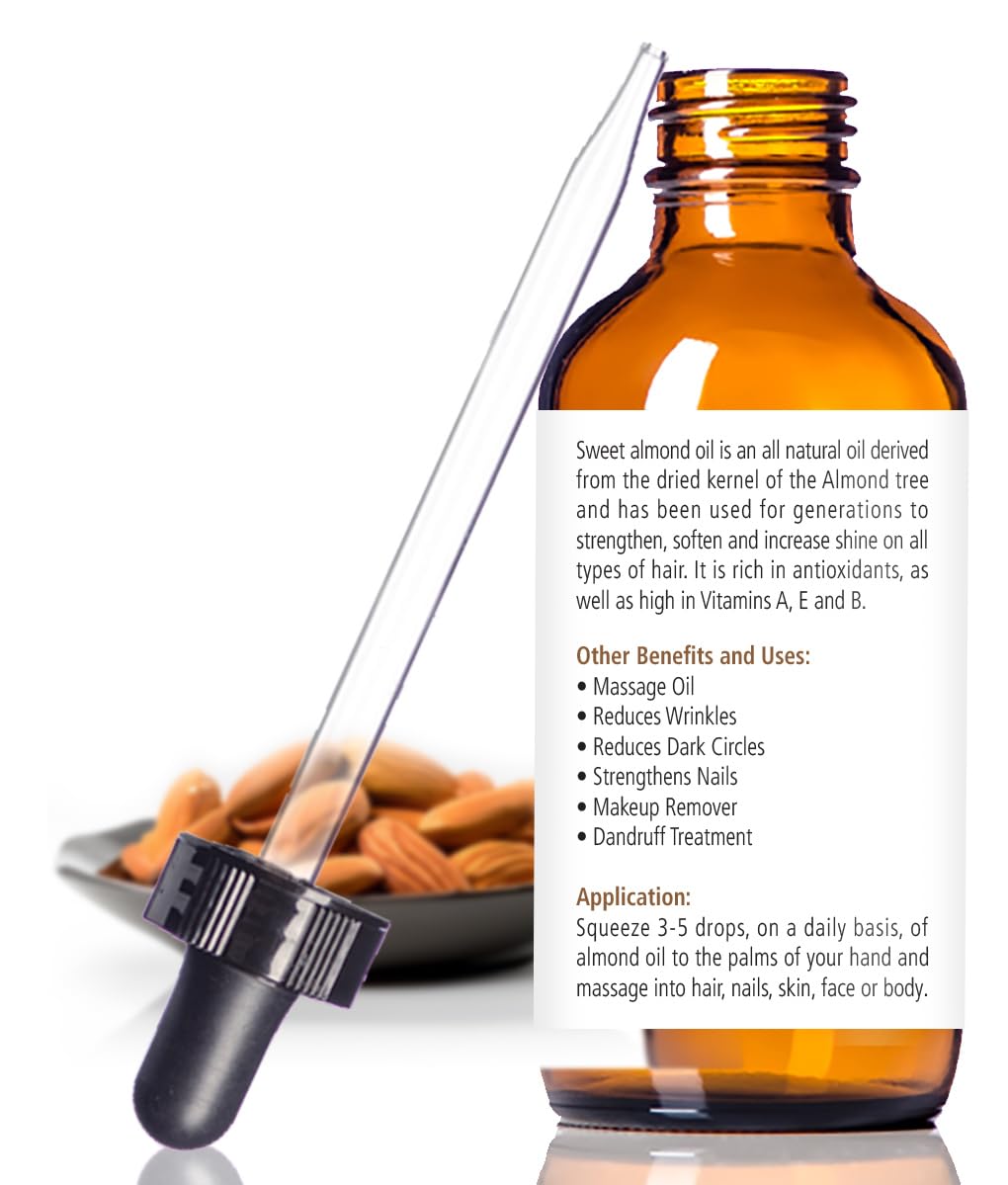 Organic Sweet Almond Oil MOISTURIZER - in 4 oz Glass Bottle with Dropper | Unrefined Cold Pressed Skincare Lotion | Essential Natural Personal Massage Oils for The Skin and Body