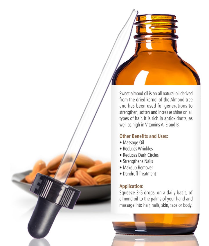 Organic Sweet Almond Oil MOISTURIZER - in 4 oz Glass Bottle with Dropper | Unrefined Cold Pressed Skincare Lotion | Essential Natural Personal Massage Oils for The Skin and Body
