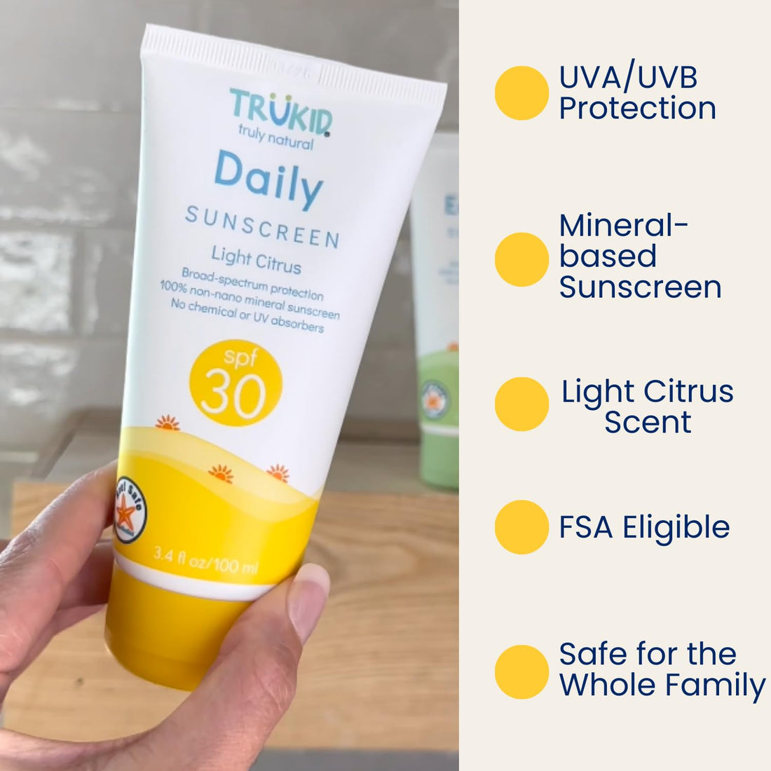 TruKid Daily SPF30 Citrus 3.4oz Natural Ingredients Kids Sunscreen, Reef-Friendly Travel Size Sun Screen, Beach Defense Sunscreen for Kids, Toddlers, Babies & Adults