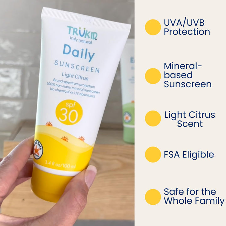 TruKid Daily SPF30 Citrus 3.4oz Natural Ingredients Kids Sunscreen, Reef-Friendly Travel Size Sun Screen, Beach Defense Sunscreen for Kids, Toddlers, Babies & Adults