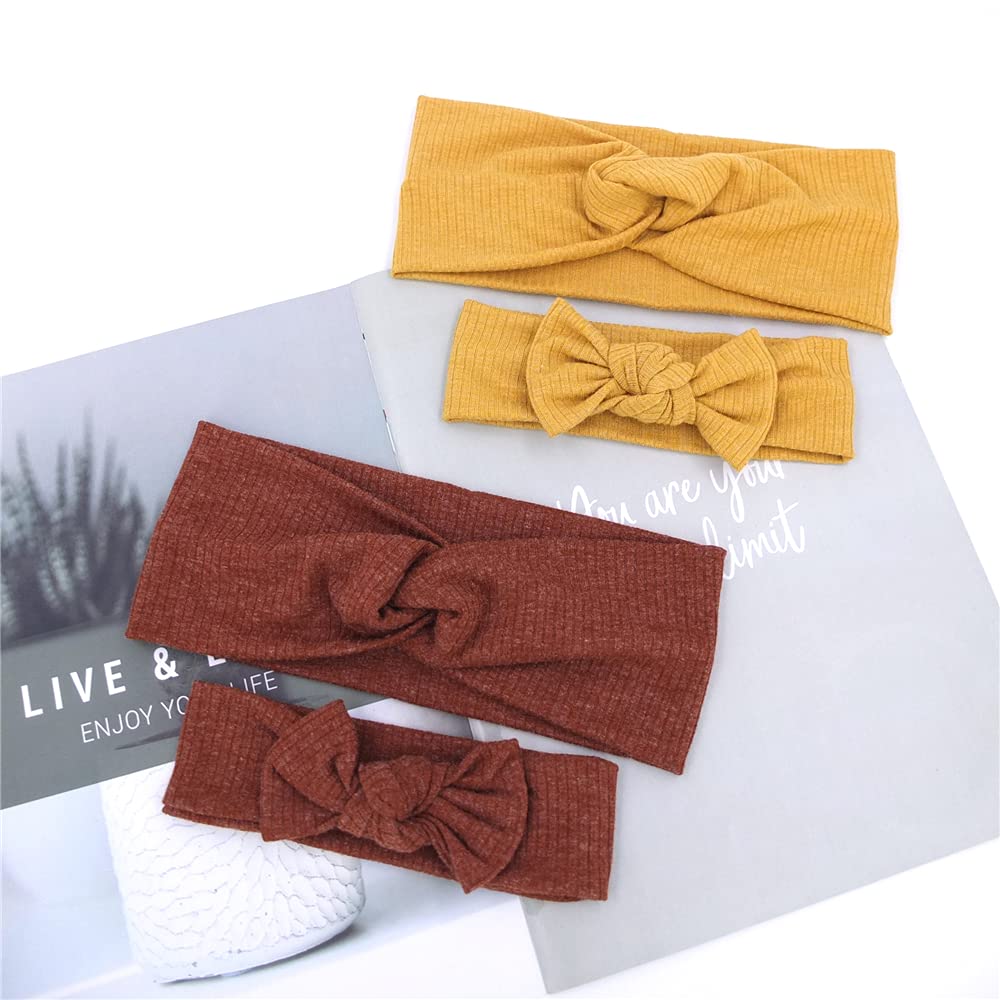 Sugarmelon Mommy and Me Headband Set Mother Baby Matching Turban Headband for Toddler Baby Girls Women Scrunchies Hair Bow Hairbands (Mustard and Golden Brown)