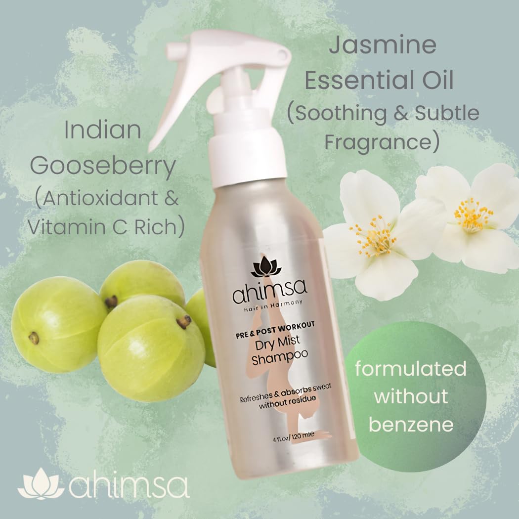 Ahimsa Dry Mist Shampoo for Dark Hair, Improved Formula - Powder & Aerosol Free, Vegan & Cruelty Free, Workout Friendly
