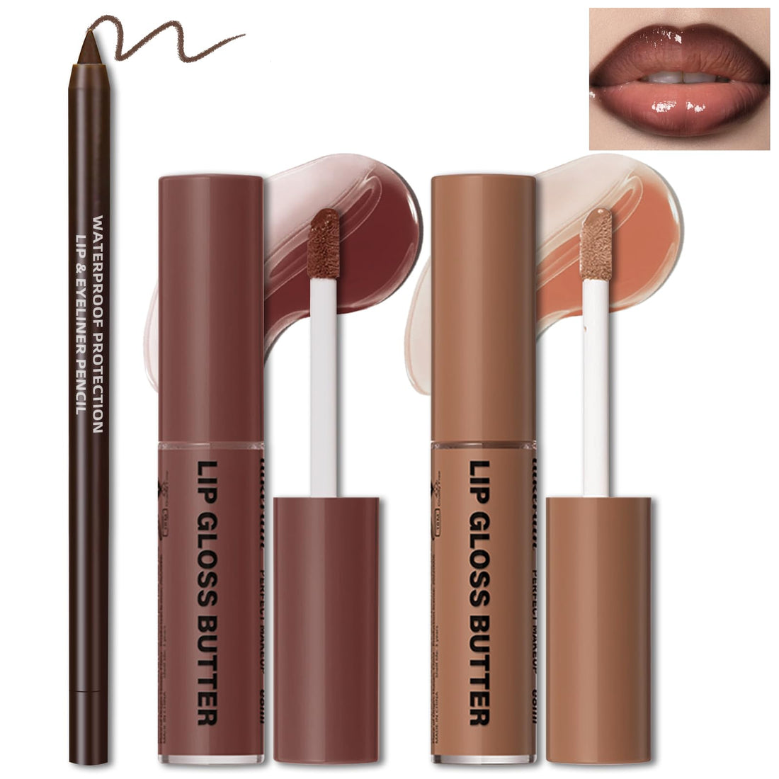 HOSAILY 2 Colors Nourishing Lip Gloss Hydration Non-Sticky Plumping Lip Kit for Women, Natural Nude Tinted Lip Glow Oil Moisturizing Lightweight Long Wear Shiny Liquid Lipstick with Lip Liner Combo