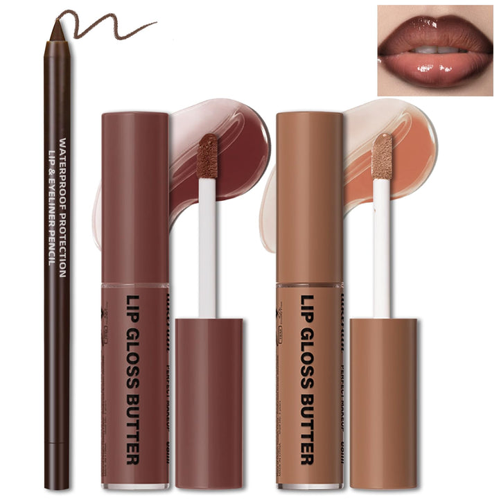 HOSAILY 2 Colors Nourishing Lip Gloss Hydration Non-Sticky Plumping Lip Kit for Women, Natural Nude Tinted Lip Glow Oil Moisturizing Lightweight Long Wear Shiny Liquid Lipstick with Lip Liner Combo