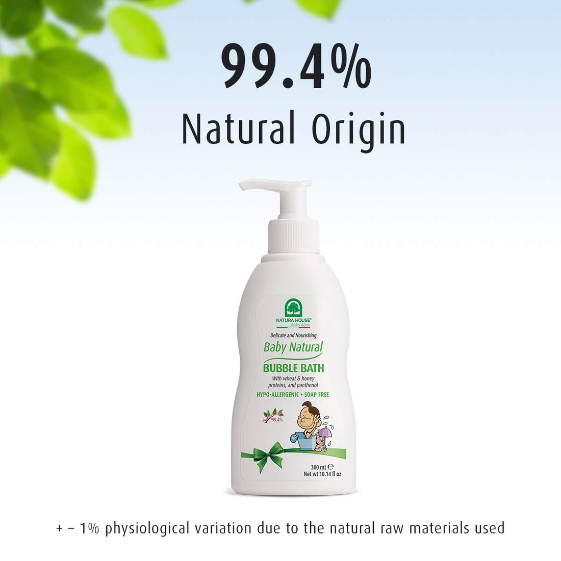Natura House Baby Natural Bubble Bath is hypoallergenic, soap free, and comes in a 10.14 oz bottle. It contains wheat and honey proteins, panthenol, and vegetable surfactants to delicately cleanse