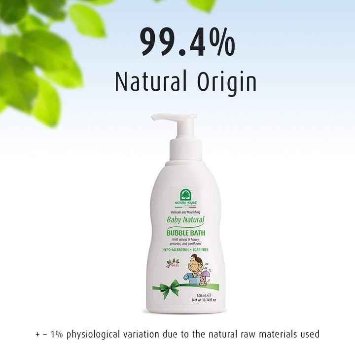 Natura House Baby Natural Bubble Bath is hypoallergenic, soap free, and comes in a 10.14 oz bottle. It contains wheat and honey proteins, panthenol, and vegetable surfactants to delicately cleanse