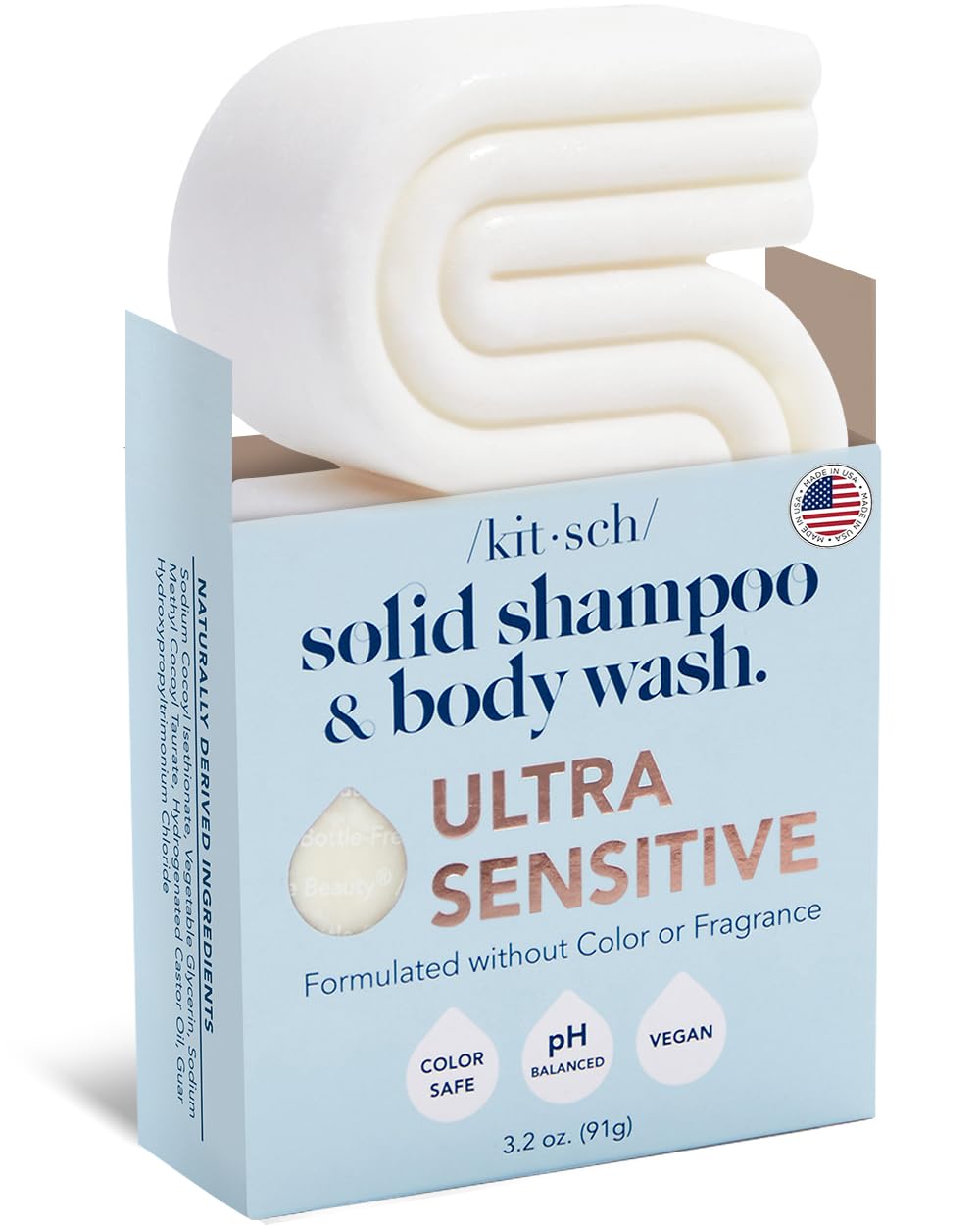 Kitsch 2-in-1 Shampoo Bar & Body Wash Bar for Sensitive Scalp & Skin, Made in US, Ultra Sensitive Shampoo Bars for Hair & Body, Vegan & Natural, 5 Ingredients Only, Scent Free, Paraben Free, 3.2oz