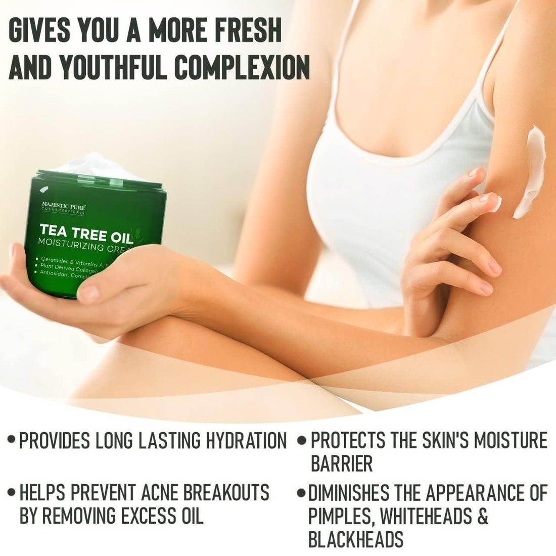 Majestic Pure Tea Tree Oil Moisturizing Cream - Body, Foot & Face Moisturizer - With Ceramides, Vitamins A E & Vegan Collagen - For Dry Skin, Oily Skin, & Appearance Of Wrinkles - 16 oz