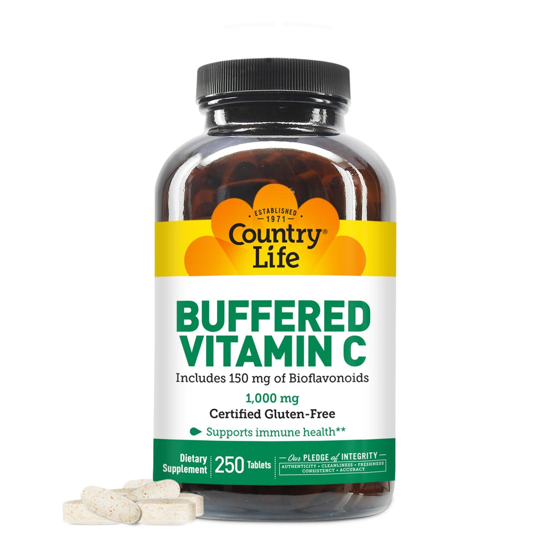 Country Life Buffered Vitamin C 1000mg with Bioflavonoids, Calcium, Magnesium, Potassium - Immune Support, Vegan Capsules, Gluten-Free, Gentle on Stomach - 250 Tablets