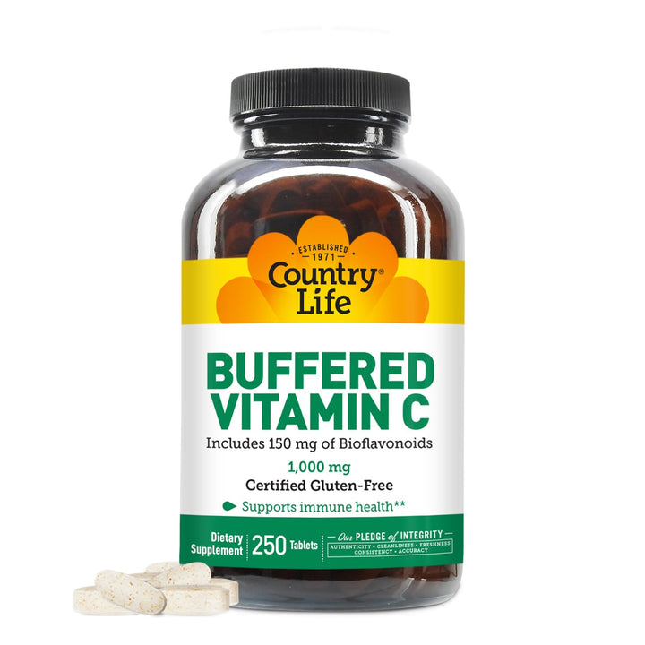 Country Life Buffered Vitamin C 1000mg with Bioflavonoids, Calcium, Magnesium, Potassium - Immune Support, Vegan Capsules, Gluten-Free, Gentle on Stomach - 250 Tablets