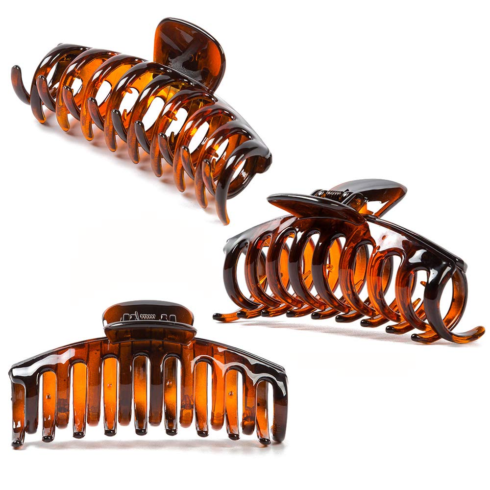Kitiin Strong hold hair claw clips for women thick hair, 3 counts in set of black/tortoise shell Brown/Clear resin hair clips large size (Plain)