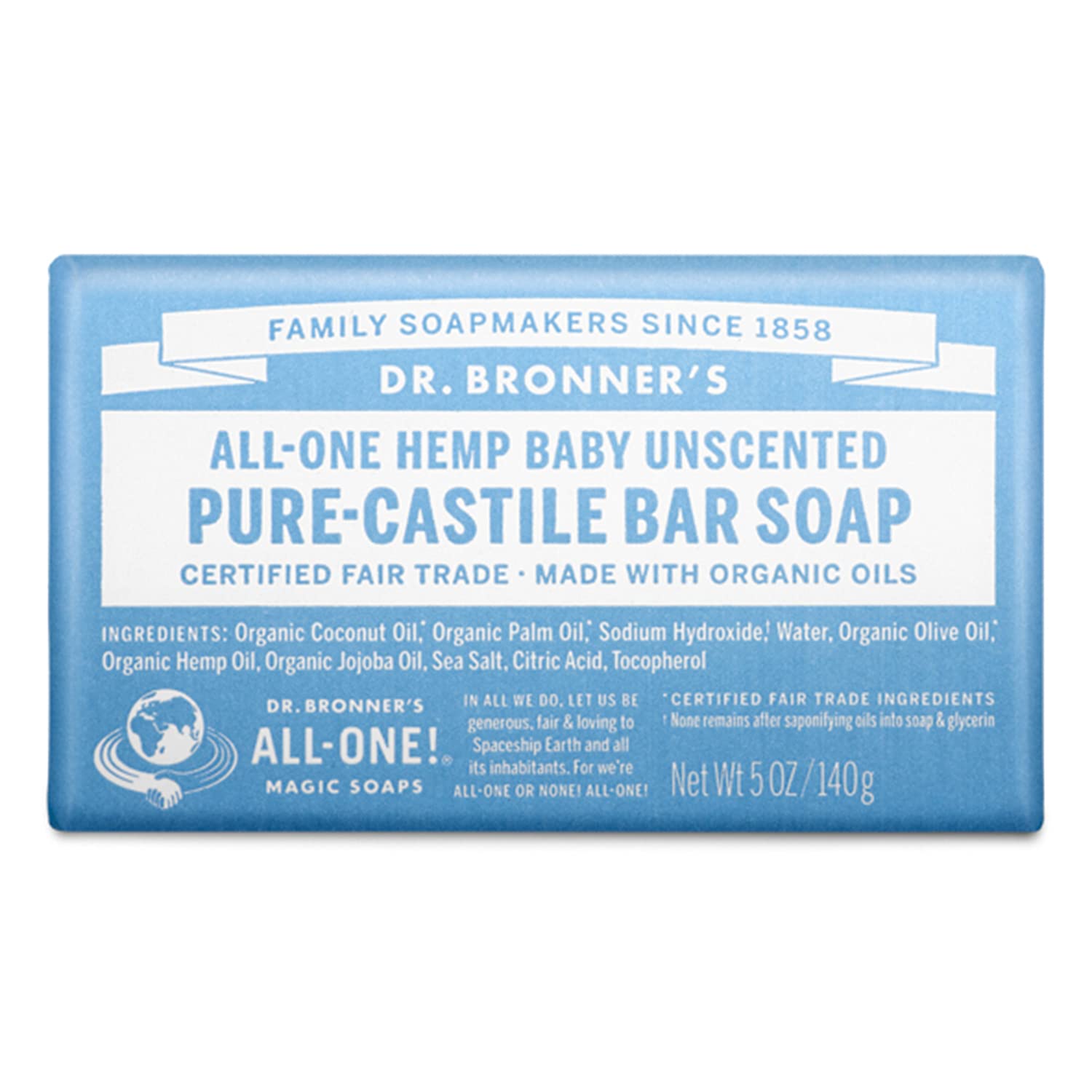Dr. Bronner's - Pure-Castile Bar Soap (Baby Unscented, 5 ounce) - Made with Organic Oils, For Face, Body and Hair, Gentle for Sensitive Skin and Babies, No Added Fragrance, Biodegradable, Vegan