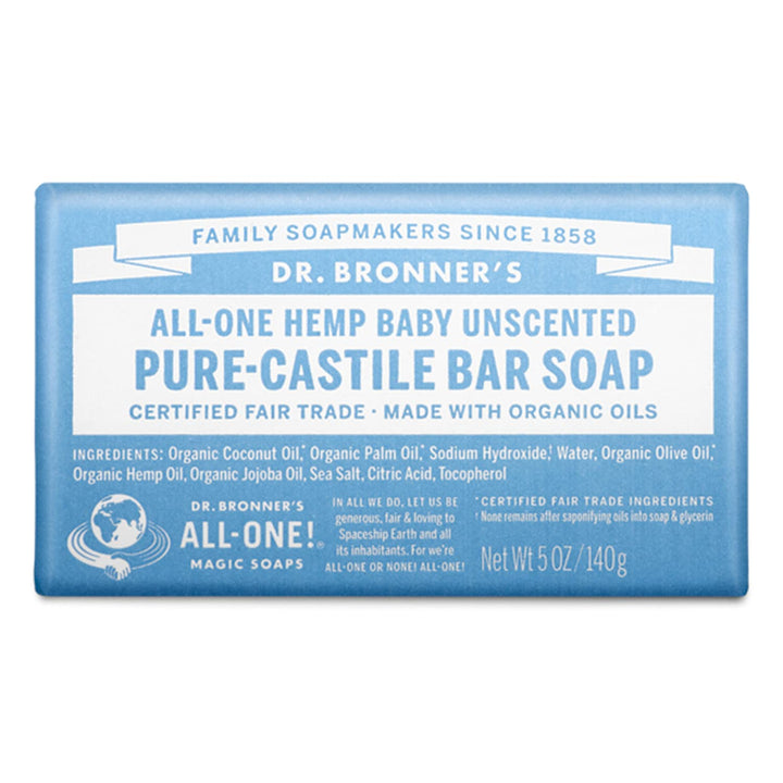 Dr. Bronner's - Pure-Castile Bar Soap (Baby Unscented, 5 ounce) - Made with Organic Oils, For Face, Body and Hair, Gentle for Sensitive Skin and Babies, No Added Fragrance, Biodegradable, Vegan
