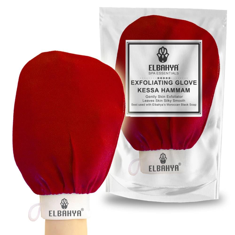Elbahya  Spa Premium Quality Exfoliating Hammam Glove - Scrub Face & Body - Cellulite Remover - Skin Exfoliator Mitt - Exfoliating Body Scrub - Remove Blackheads, Cellulite Massage Mitt & More (Red)