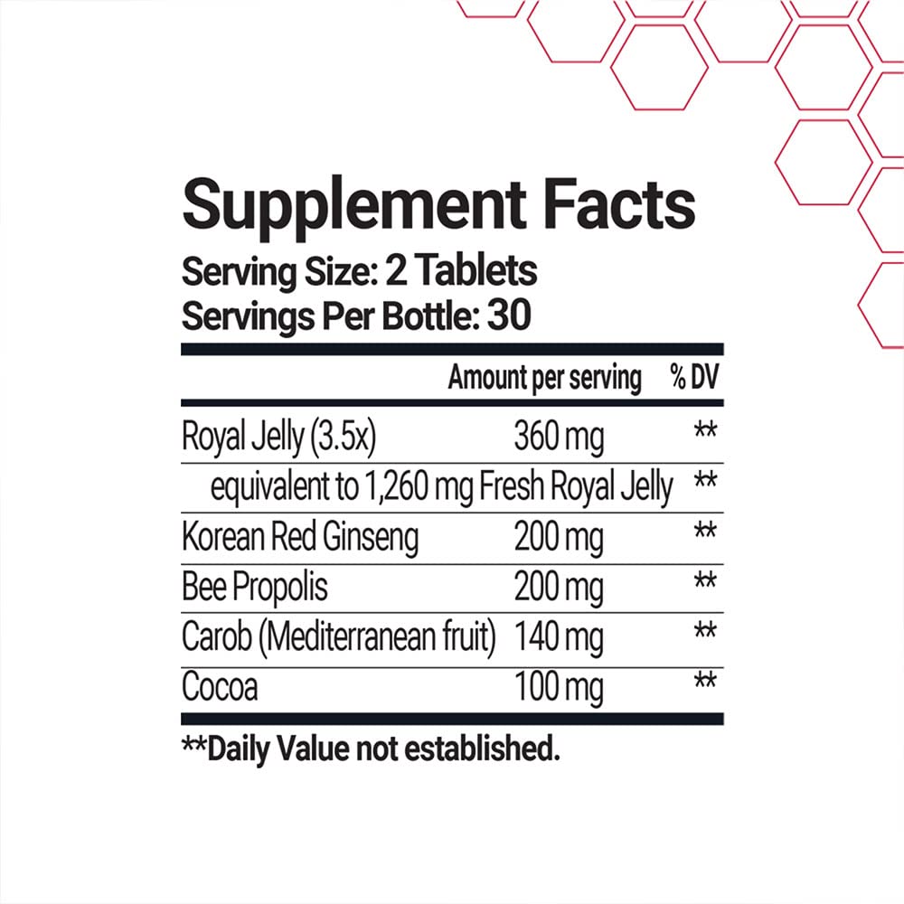 Bee and You Royal Jelly with Ginseng Tablet, Propolis Extract, 60ct, 100% Natural Superfood, Ultra Pure, Immune Support Supplement, Antioxidants, Keto, Paleo, Gluten-Free