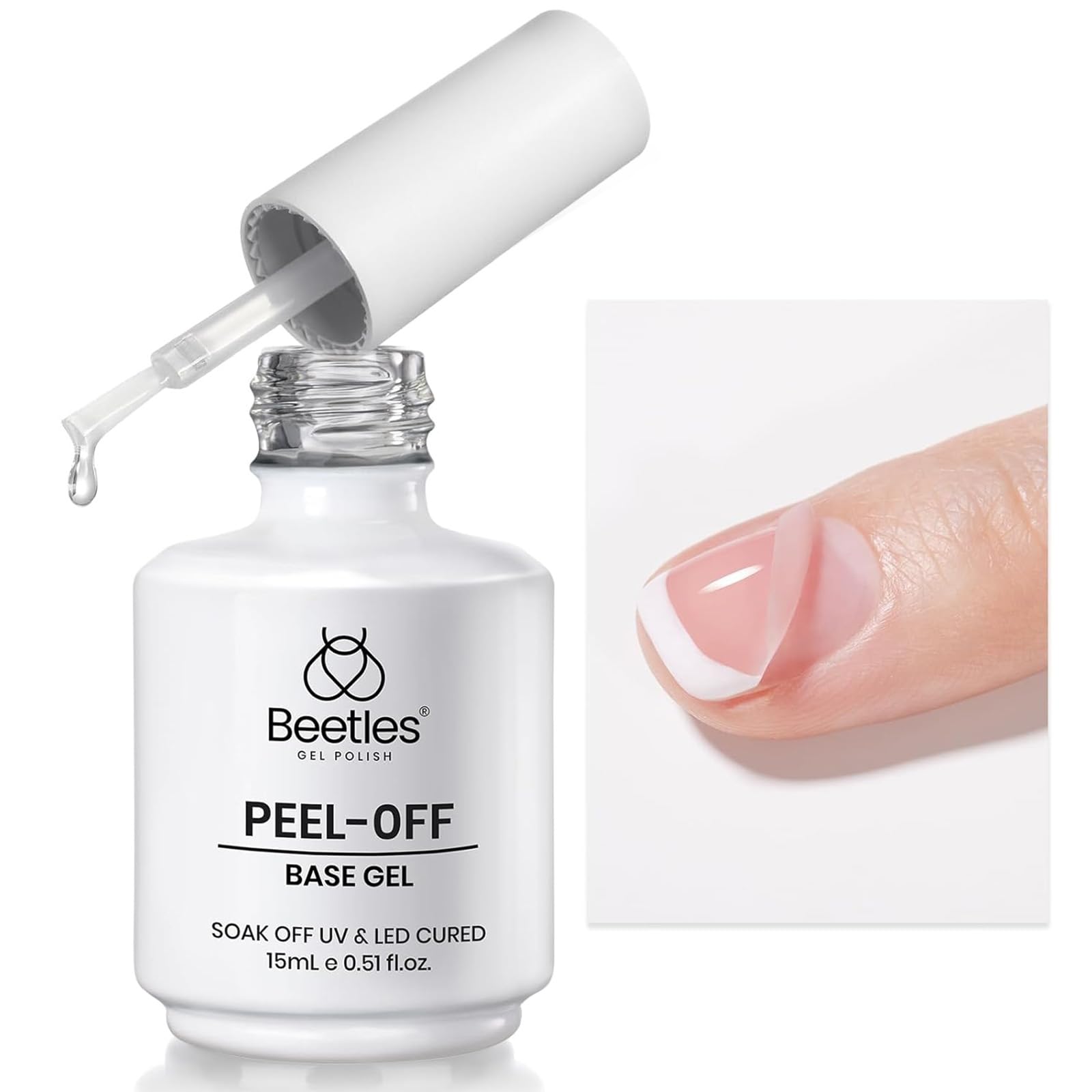 Beetles Peel-Off Gel Base Coat 15ml – Easy Removal Base Gel Nail Polish UV/LED Soak-Off, Damage-Free Low-Odor 7-10 Day Long-Lasting, Beginner & Salon Friendly