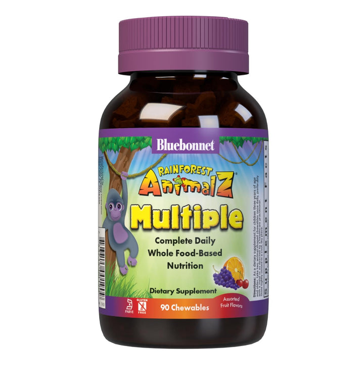 Bluebonnet Nutrition Rainforest Animalz Whole Food Based Multiple Chewable Tablets, Kids Multivitamin & Mineral, Vitamin C, D3, Iron, Gluten Free, Milk Free, Kosher, 90 Chewable Tablets, Mixed Flavors
