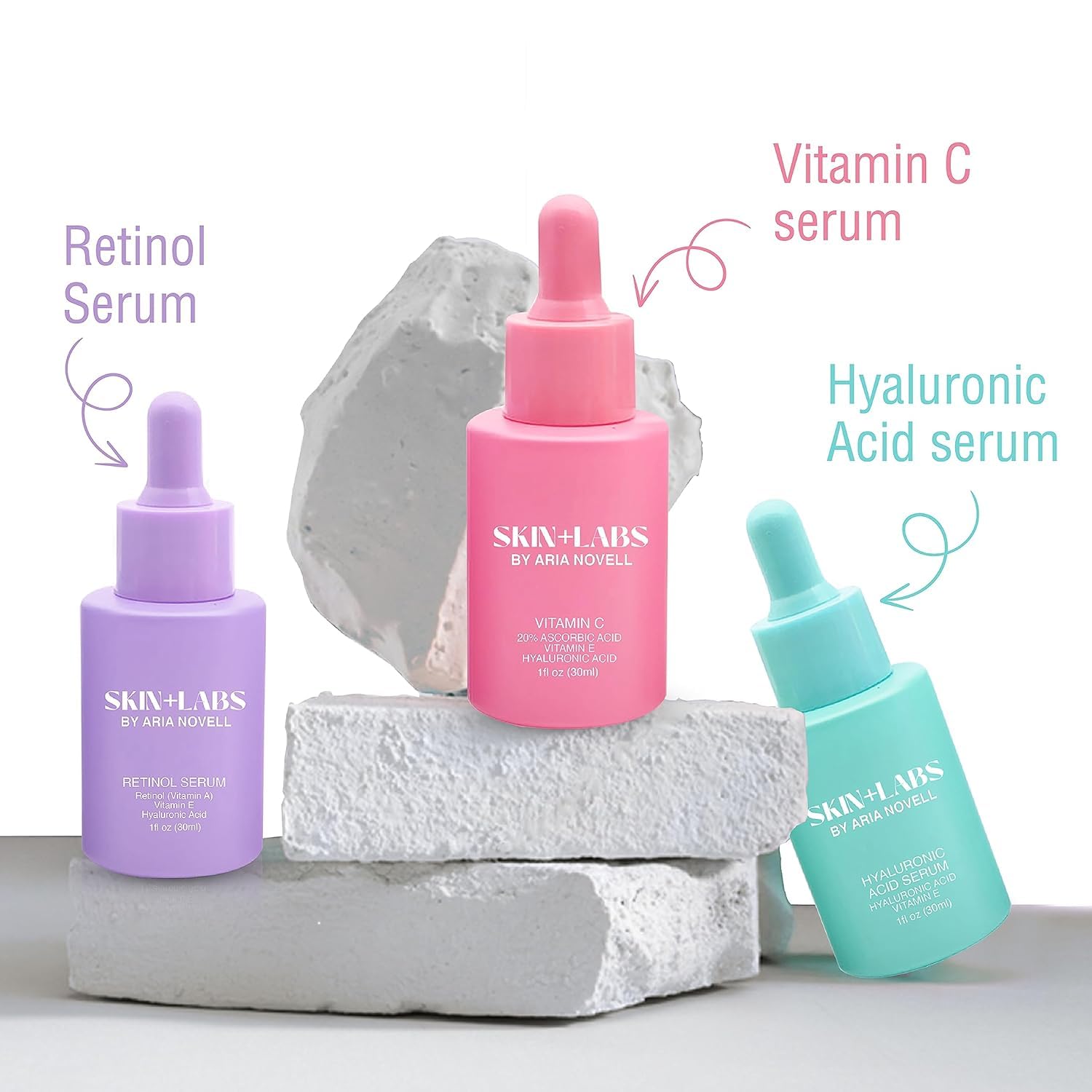 Skin+Labs by Aria Novell Skincare Bundle - Set of 3 Skin Care Set With Vitamin C, Retinol, Hyaluronic Acid Serum - Facial Care Solutions For Brightening, Lifting Fine Lines & Wrinkles, Hydrating Skin