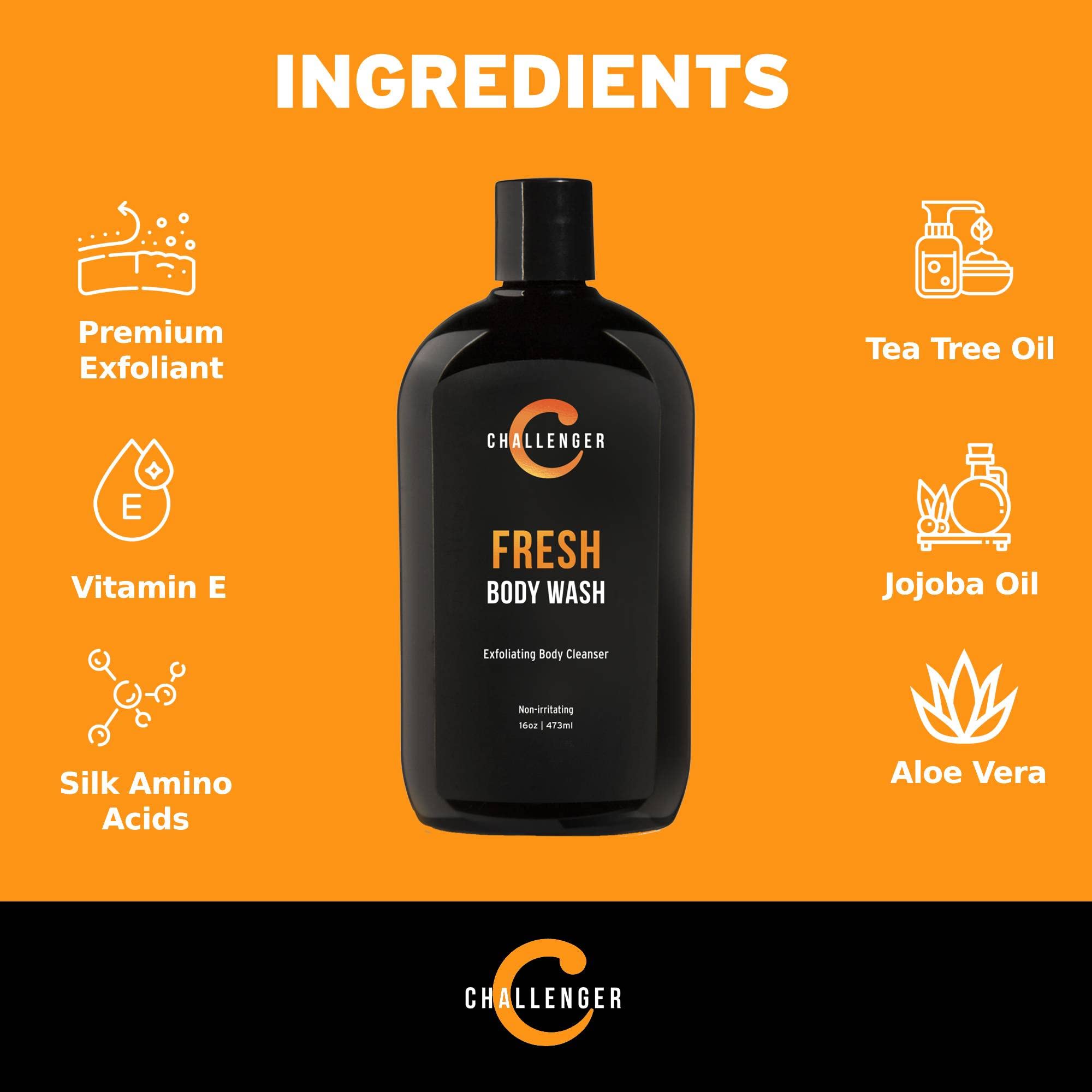 New Challenger Fresh Body Wash - 16oz Exfoliating Cleanser w/Aloe, Vitamin E, Tea Tree &.