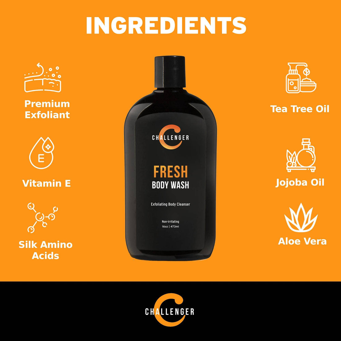 New Challenger Fresh Body Wash - 16oz Exfoliating Cleanser w/Aloe, Vitamin E, Tea Tree &.