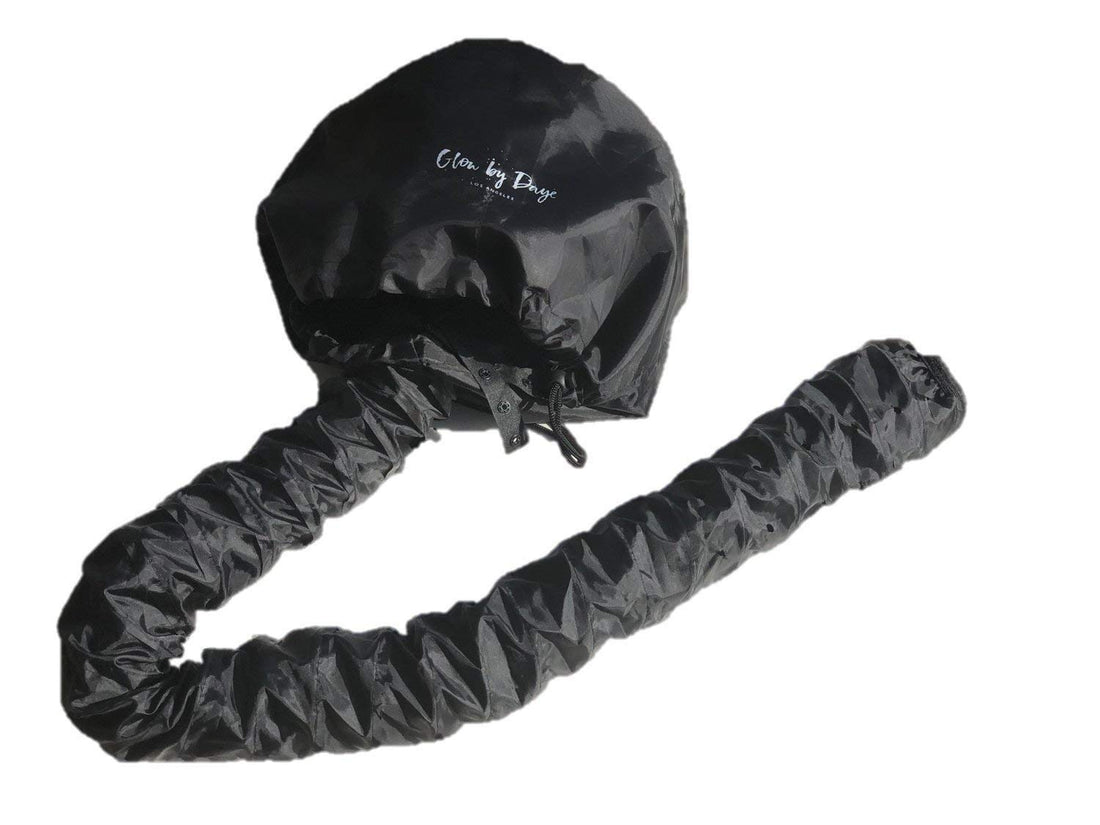 Glow By Daye Bonnet Hood Hair Dryer Attachment- Soft, Adjustable Extra Large Hooded Bonnet for Hand Held Hair Dryer with Stretchable Grip and Extended Hose Length (Black)