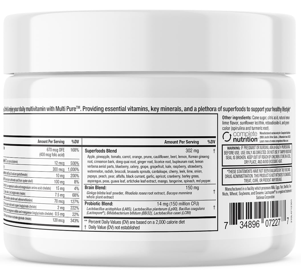 Reclaim Multi Pure Lemon Lime, Immune Support, Vitamin C, Vitamin B Complex, Probiotic, Superfood Powder, Calcium, Magnesium Oxide, (30 Servings) (Lemon Lime)