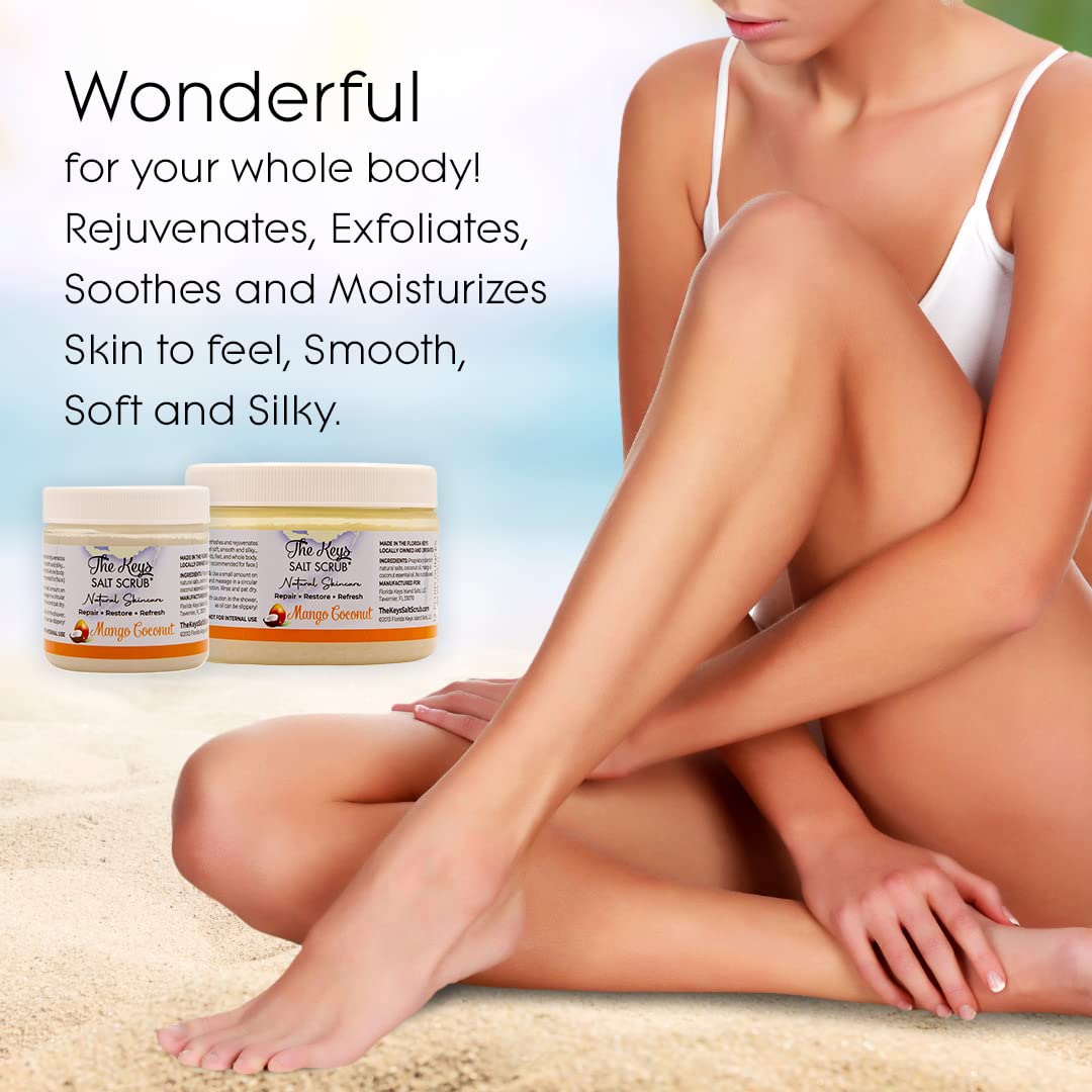 The Keys | Mango Coconut Sea Salt Scrub - Natural Exfoliating Body Scrub with Wooden Spoon, Organic Moisturizing Exfoliator for Face, Hand, Foot, Bath, Manicure/Pedicure & Bikini Area (12 oz)