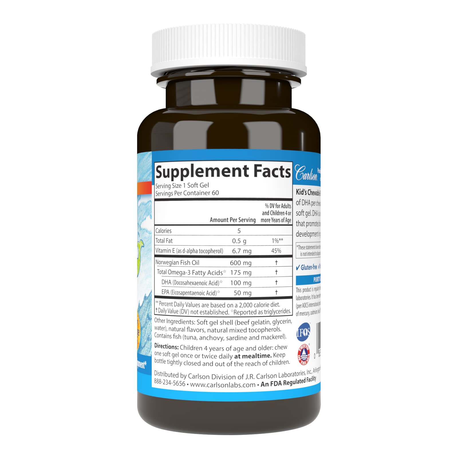 Carlson - Kid's Chewable DHA, 100 mg DHA, Brain & Vision Function, Growth & Development, Orange, 60 Chewable Softgels