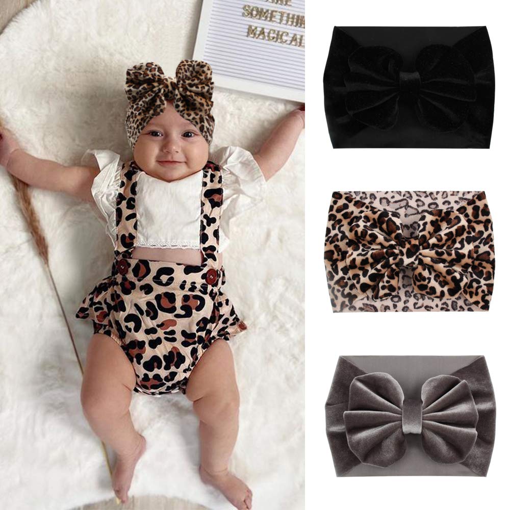 YanJie Leopard Baby Girl Hair Bow Headbands Soft Velvet Baby Bows Newborn Handmade Hair Hairbands Accessories Wide Headwraps for Toddler Kids Infant Photography Prop Gray Black