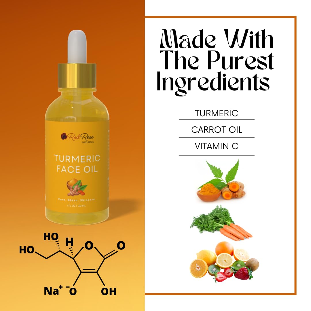 Red Rose Naturals Turmeric Face Oil - Facial Serum & Moisturizer with Vitamin C for Women & Men, Hydrates & Revitalizes Dull Skin - All Skin Types - Made with Turmeric Essential Oil- 1 oz.