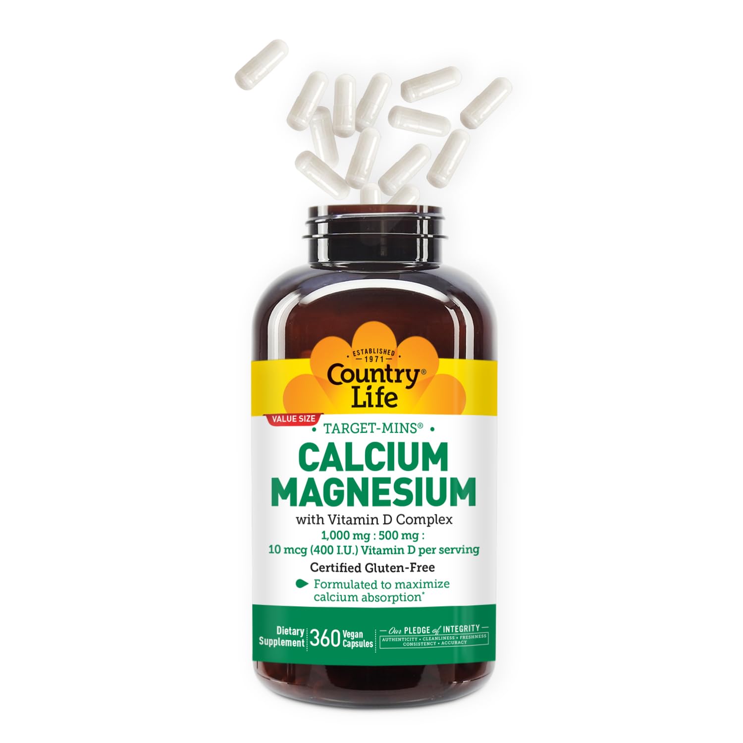 Country Life Target-Mins Calcium Magnesium with Vitamin D-Complex, 1000mg/500mg/10mcg, 360 Vegan Capsules, Certified Gluten Free, Certified Vegan, Verified Non-GMO Verified…