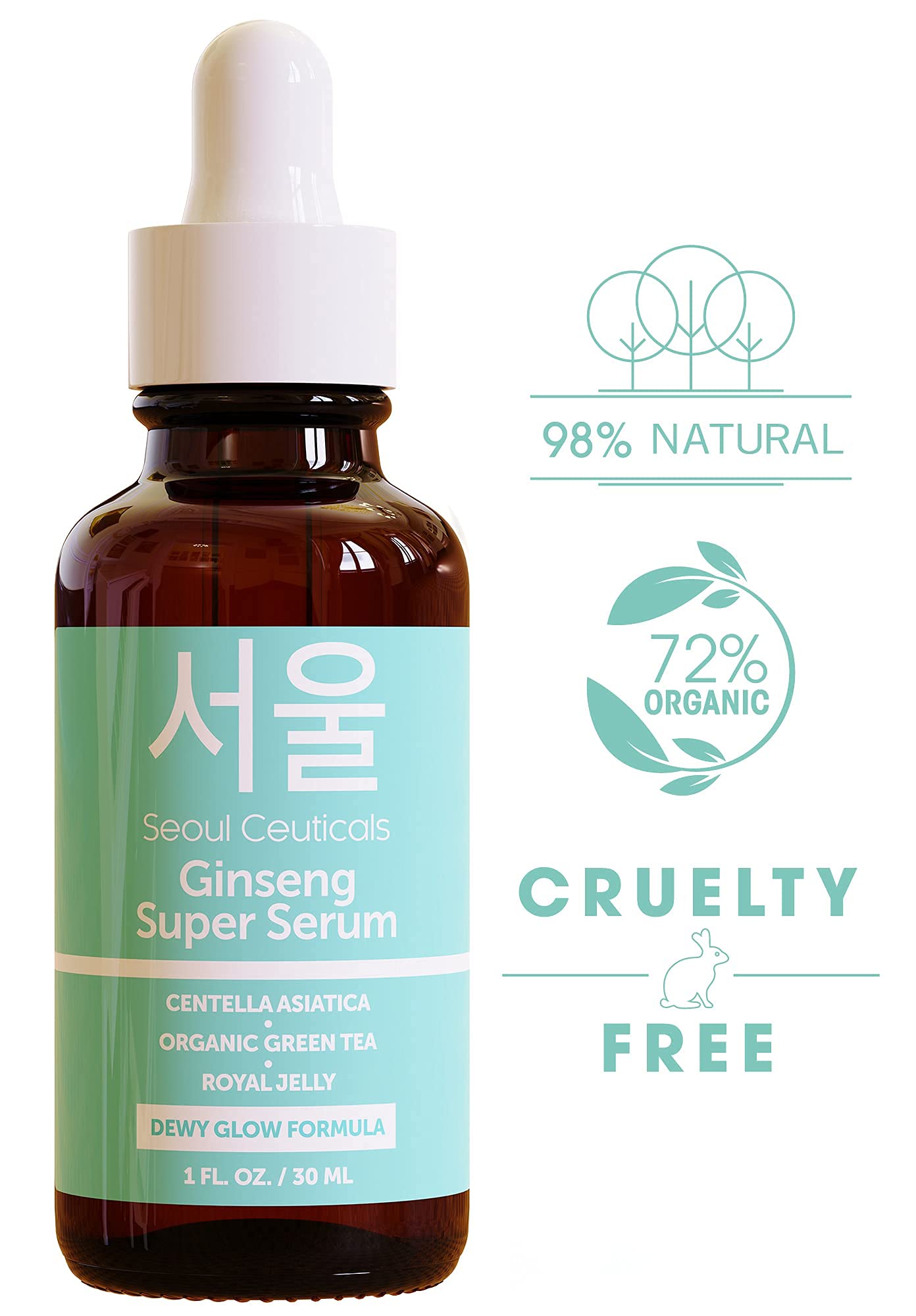 SeoulCeuticals Korean Skin Care Ginseng Serum - K Beauty Skincare with Green Tea + Centella + Royal Jelly - Cruelty Free & Organic for Dewy Glow 1oz