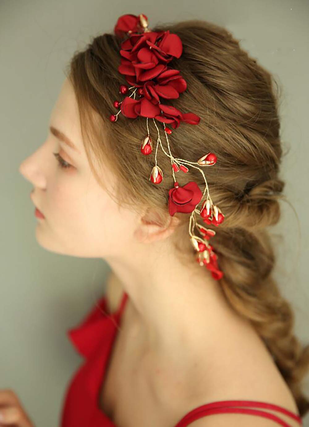 Chargances Wedding Bride Floral Red Headband Crystal Gold Hair Vine with Pearl Rhinestone Hair Accessory Boho Delicate Hair Piece Jewelry for Women and Girls