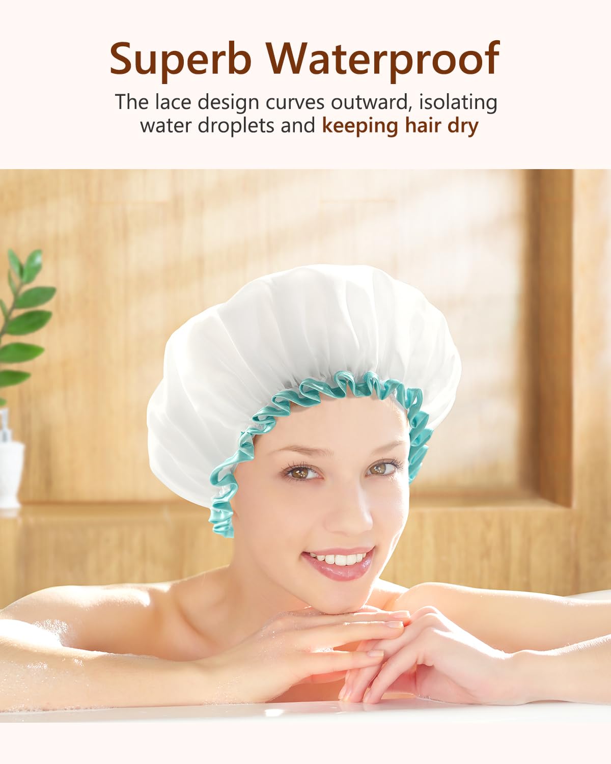 White Shower Cap for Long Hair 2 Pack, Waterproof Mold Resistant Washable Hair Caps for Women and Girls, Super Cute and Extra Large by mikimini