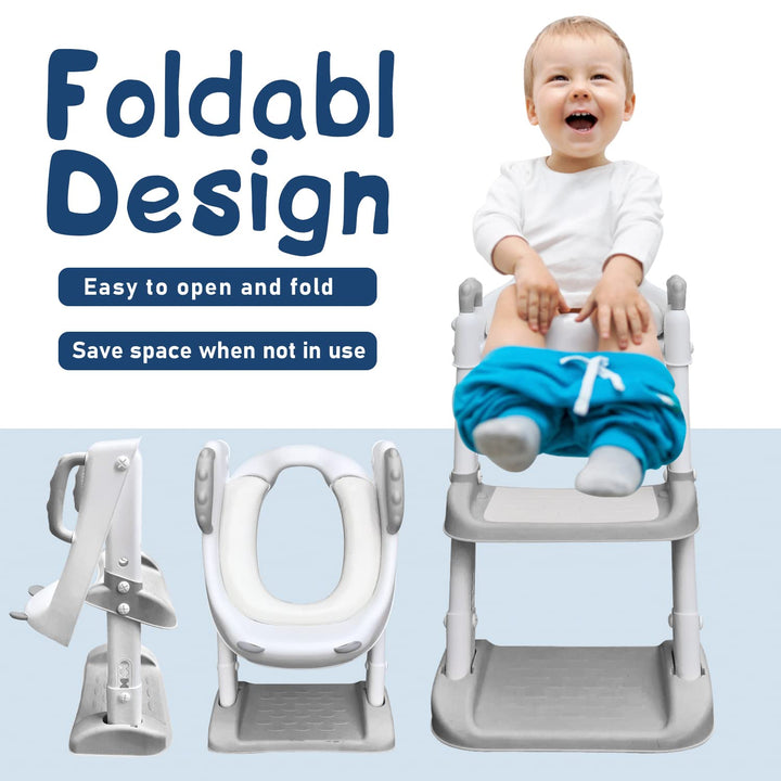 Potty Training Seat with Ladder Foldable Toilet with Splash Guard Non-Slip Potty Chair for Kids Toilet Seat with Step Stools (Gray)