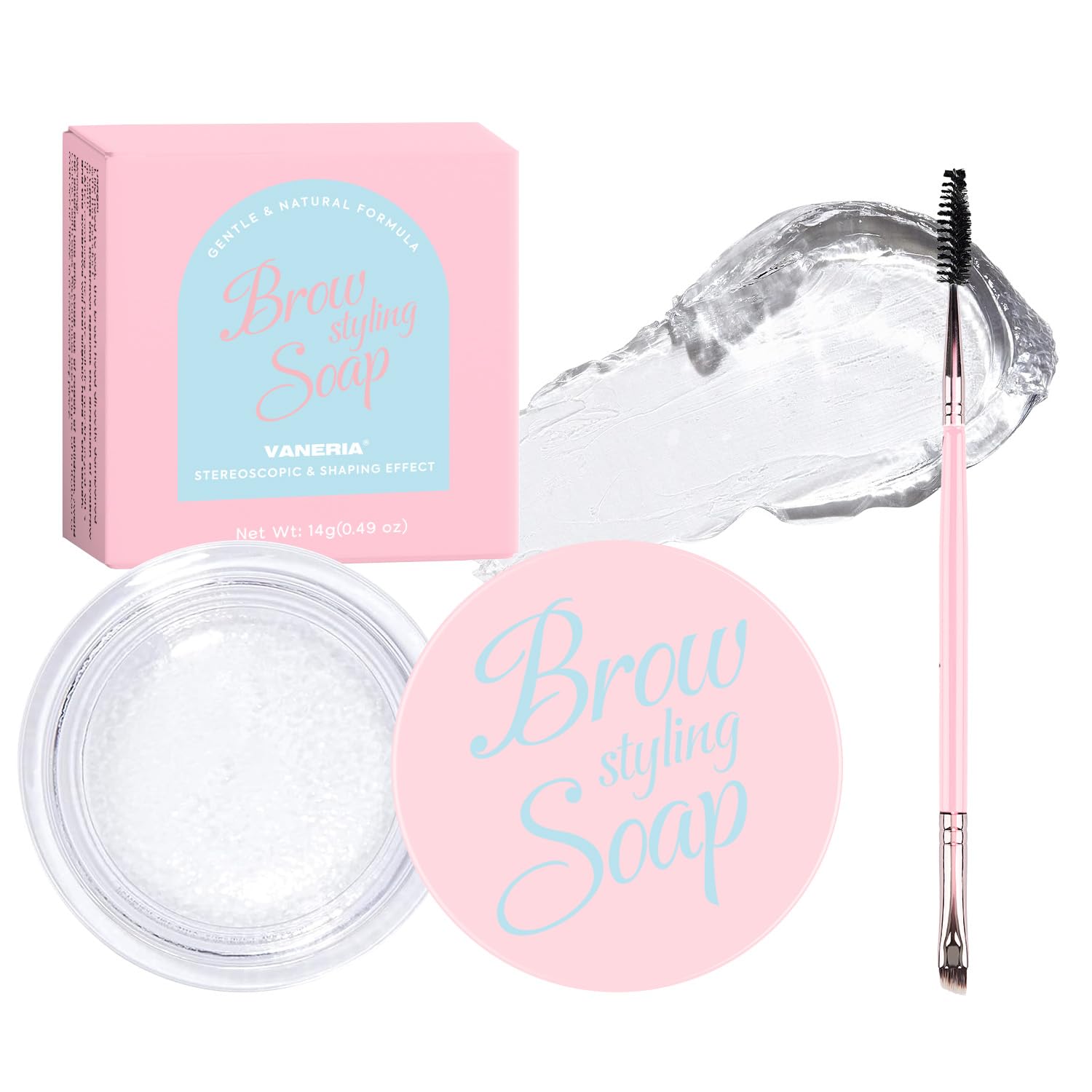 VANERIA Eyebrow Gel Clear,Brow Soap,Eyebrow Brush With Double Head,Clear Eyebrow Setting Gel for Feathery & Fluffy & Brow Freeze,Long Lasting Waterproof.14g