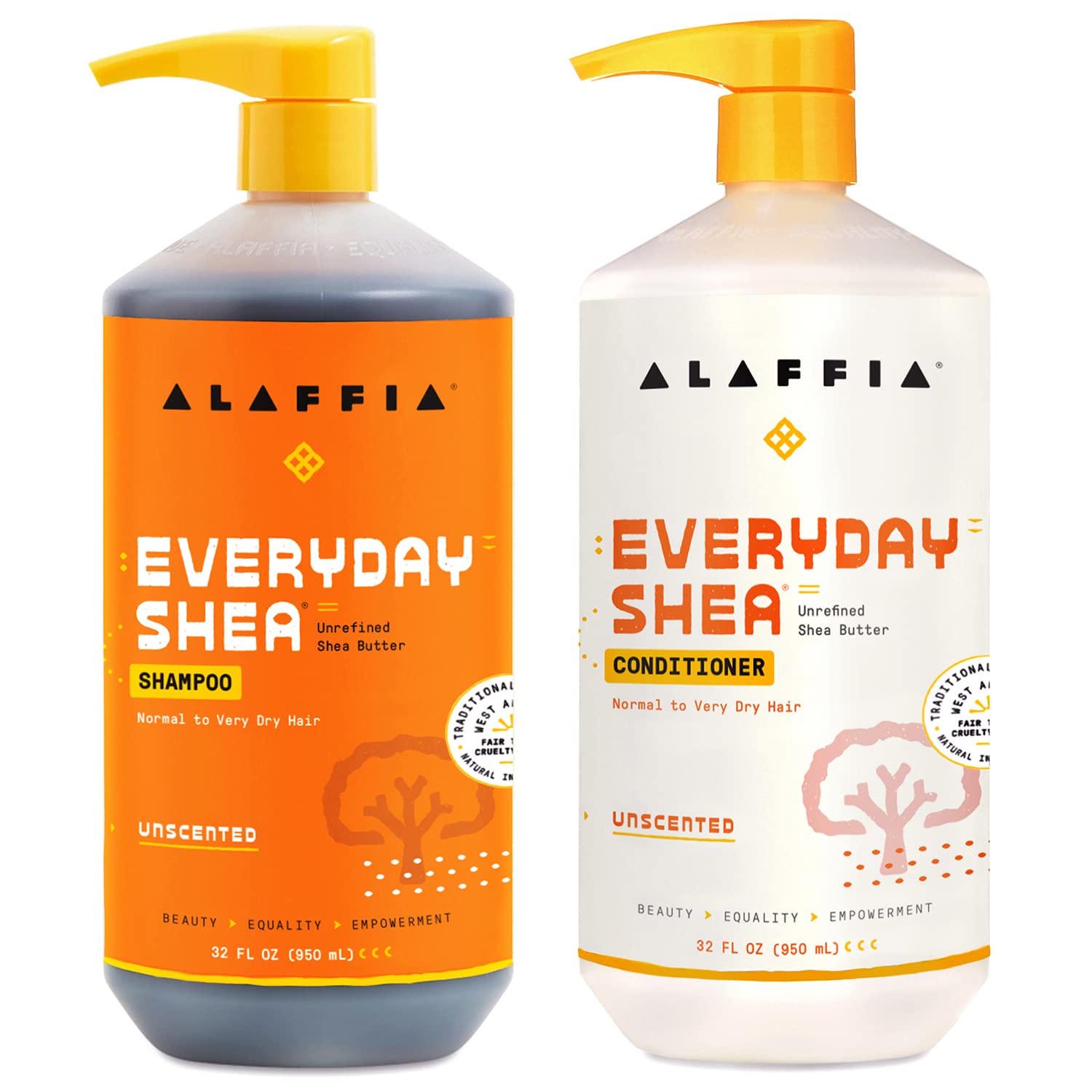 Alaffia EveryDay Shea Shampoo and Conditioner - Normal to Very Dry Hair, Gently Cleanses, Moisturizes, Restores and Protects Hair with Certified Fair Trade Unrefined Shea Butter, Unscented, 32 Oz Each
