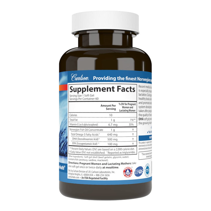 Carlson - Mother's DHA, 500 mg DHA, Prenatal Support, Fetal Development & Immune Health, 60 Softgels