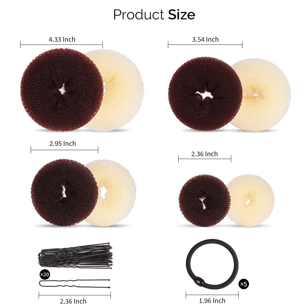 8pcs Hair Donut Bun, FANDAMEI Ballet Hair Accessories with 4pcs Dark Brown Donut Bun Maker&4pcs Beige Sock Bun, 5 pieces Hair Elastic Bands, 20 pieces Hair Pins, (2 extra-large, 2 large, 2 medium and