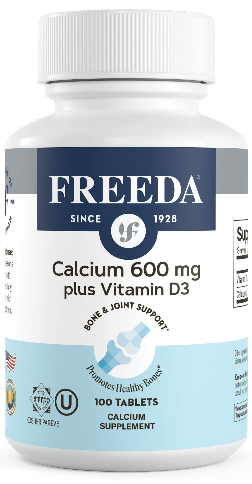 FREEDA Calcium 600 mg with Vitamin D3 400 IU – Essential Bone Support Supplement – Kosher, Gluten-Free, Easy-to-Swallow Coated Tablets for Women & Men (100 Ct)