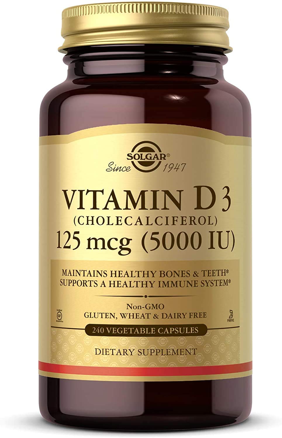 Solgar Vitamin D3 (Cholecalciferol) 125 mcg (5000 IU), 240 Vegetable Capsules - Helps Maintain Healthy Bones & Teeth - Immune System Support - Non-GMO, Gluten Free - 240 Total Servings