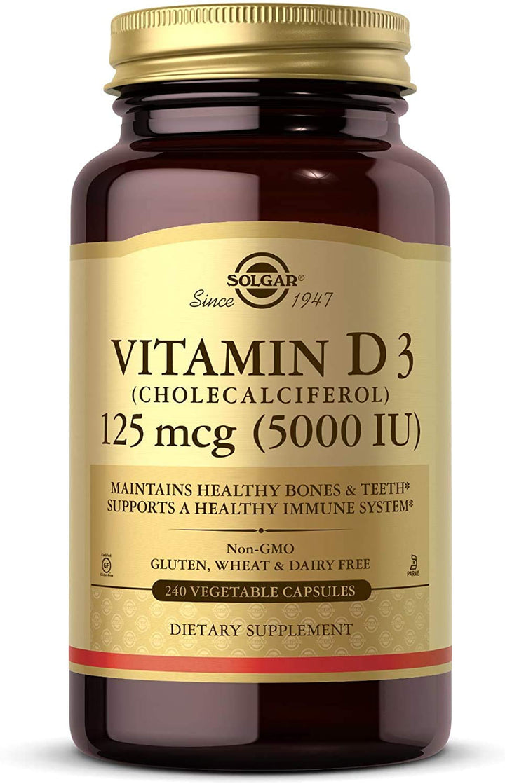 Solgar Vitamin D3 (Cholecalciferol) 125 mcg (5000 IU), 240 Vegetable Capsules - Helps Maintain Healthy Bones & Teeth - Immune System Support - Non-GMO, Gluten Free - 240 Total Servings