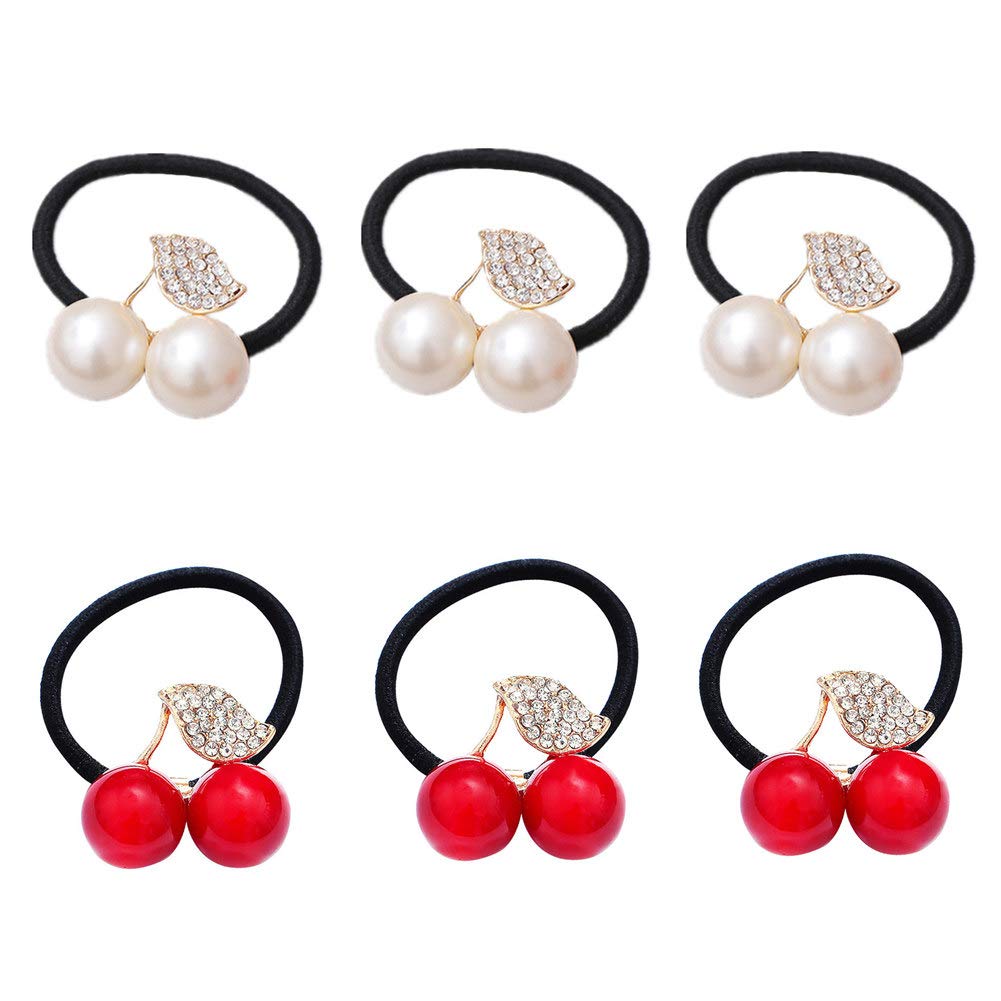 Casualfashion 6Pcs New Korean Fashion Hair Rope Cute Crystal Rhinestone Cherry Hair Rings for Women Girls Ponytail Holder