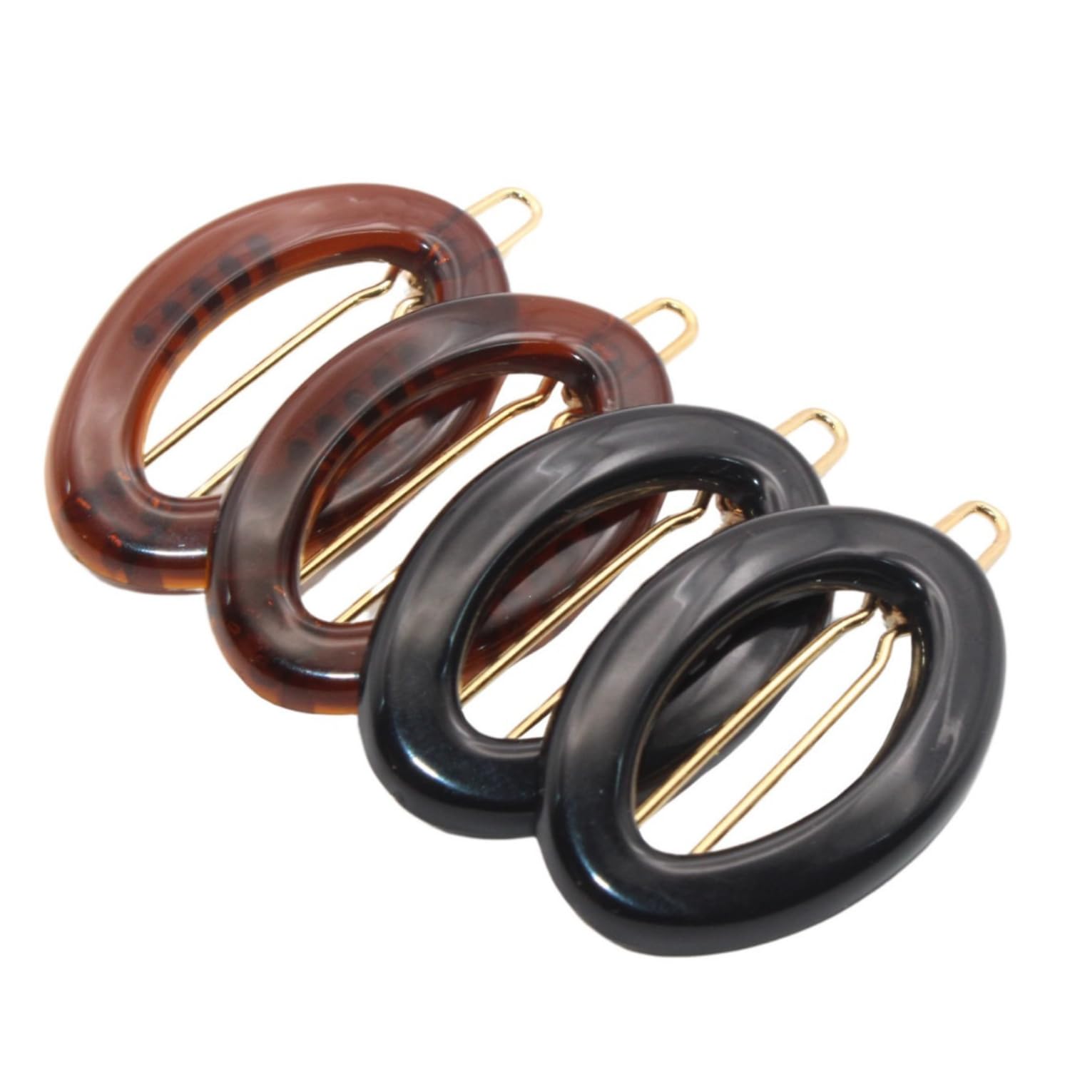 Parcelona French Eggie Oval Shell Black Mini Celluloid Acetate Side Slide Barrette Snap on Hair Clips - 4 Pieces